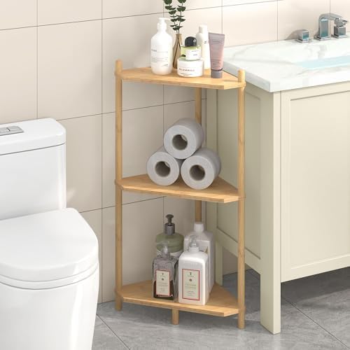 Wisuce Natural Small Corner Shelf Stand, 3-Tier Bamboo Corner Bookshelf