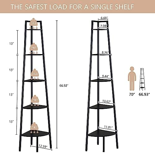 Hoctieon Corner Shelf, 5-Tier Corner Bookshelf, Rustic Ladder Shelf, Industrial Display Stand for Living Room, Kitchen, 