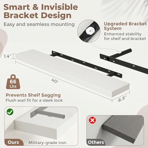 40 Inch Floating Shelves for Wall, 6.5"D Wood Storage Shelves, White Finish