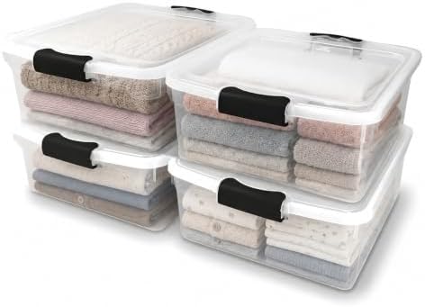 HOMZ Clear Plastic Storage Bins with Latching Lids, 15.5 Qt, Gray, 4 Pack