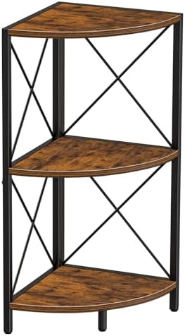Snughome Corner Shelf with Metal Frame, 3 Tier Rustic Corner Storage Organizer, Freestanding Corner Bookshelf Stand Disp