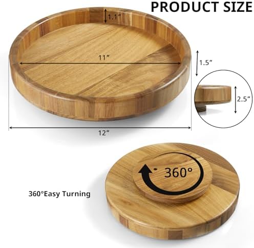 12'' Acacia Wood Lazy Susan Organizer Turntable for Cabinet, Round Wooden Spice Organization and Storage, Rotating Condi
