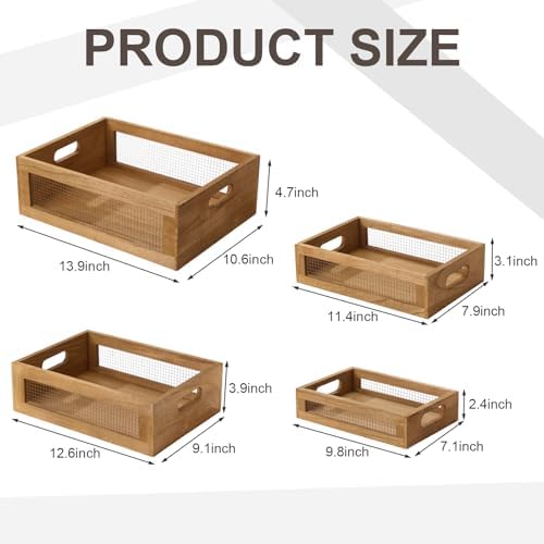 FillTouch 4 Pcs Wooden Nesting Countertop Baskets, Dark Brown, Small
