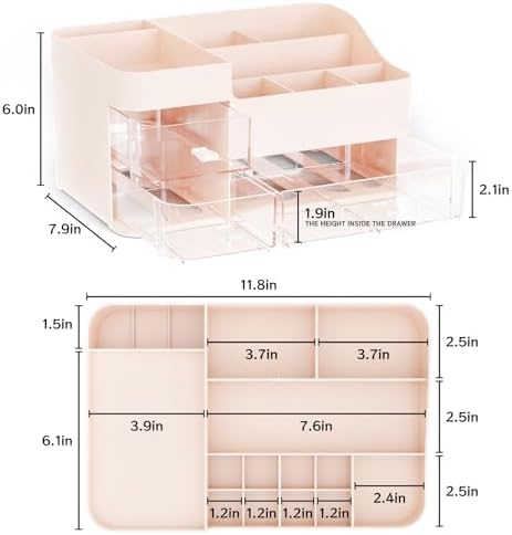 Pink Make up Organizers for Vanity with 3 Drawers,Large Skincare Organizers for Countertop,Desk,Dresser,Plastic Bathroom