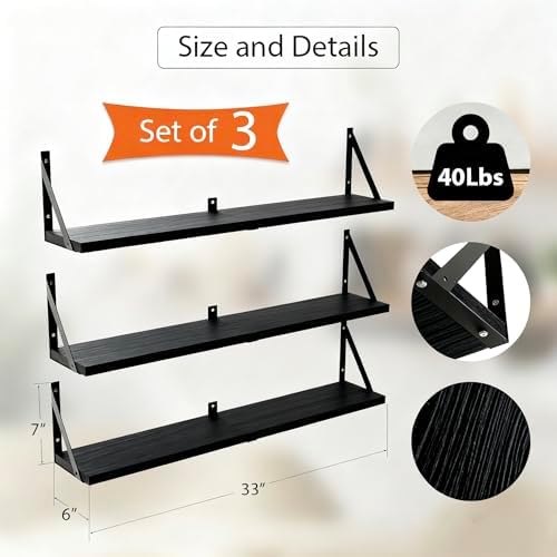Floating Book Shelves Set of 3, Wall Bookshelf, 33 inch Long Wood Shelf for Wall Storage, Hanging Shelving for Bedroom, 