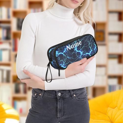Custom Dark Blue Electric Lightning Pencil Case Box Boys Girls Personalized Name Large Pencil Pouch Stationery Pen Bag Organizer for Kids Adults School Office