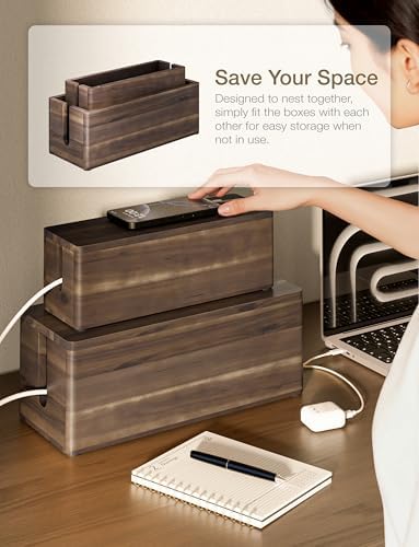 TIDITA Set 2 Wooden Large Cable Management Box Round Edge (Walnut Color)