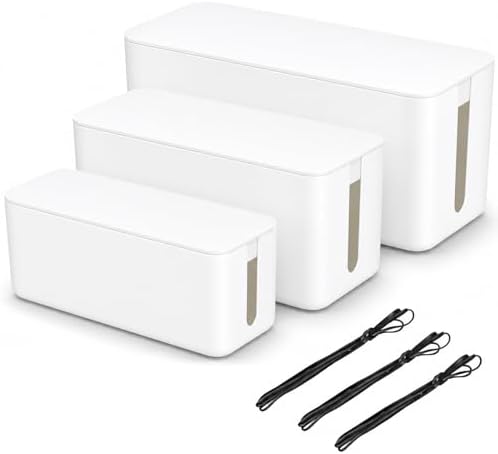 [Set of 3] 3 Cable Management Boxes + 3 Wire Ties, Large Cord Box Organizers to Hold and Hide Power Strip Charger Adapte