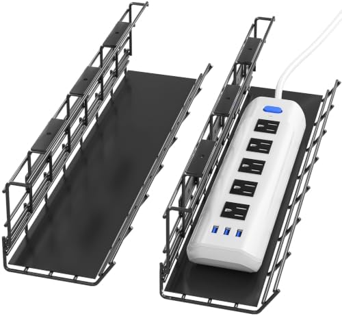 2 Pack DELAMU Under Desk Cable Management Tray, Metal Cord Cable Organizer for Desk, Easy Install Pre-drilled Wire Manag