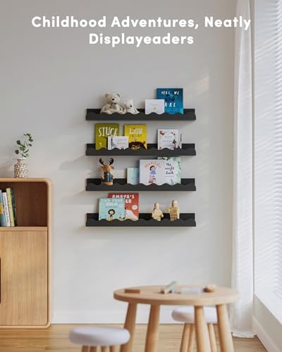 Seocry Kids' Bookshelf Set of 4 - Black Floating Nursery Book Shelves, Picture Ledge Shelf for Wall Decor and Storage - Perfect for Books, Toys, Photo Frames, and Nursery Décor