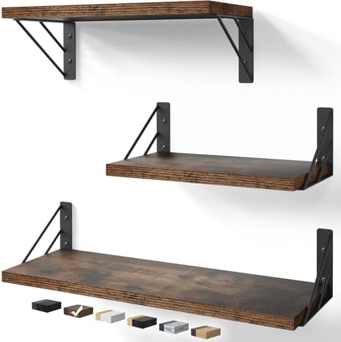 BAYKA Wall Mounted Floating Shelves (Rustic Brown, Set of 3, 16" Mixed)