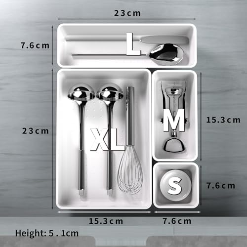 Cetomo 14 Pcs Drawer Organiser Set, Plastic Storage Drawer Organizer, Drawer Dividers, Adjustable and Expandable, Container Tray for Kitchen Utensils, Cosmetic, Makeup, Gadgets, White, 4 Size-14 Pack