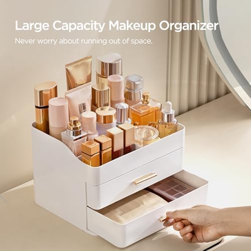 HBlife Makeup Organizer for Vanity with 2 Drawers, Large Bathroom Countertop Cosmetics Organizer Skin Care Storage, Easy