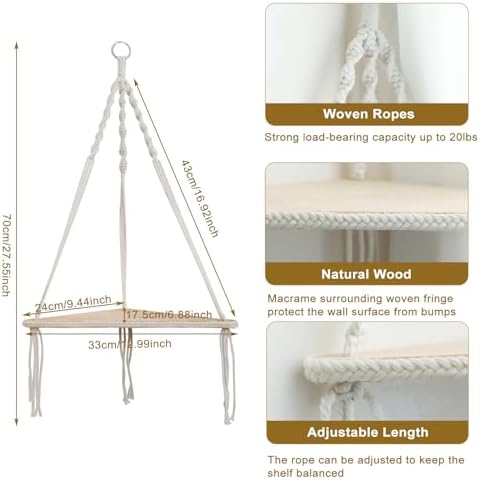 Artilady Macrame Corner Shelf Wall Hanging, Boho Floating Shelves Storage