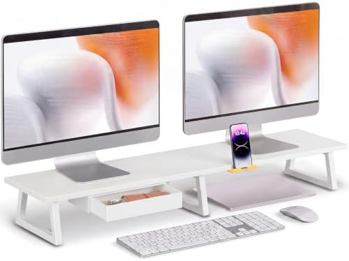 TEAMIX 42 inch Dual Monitor Stand with Storage Drawer & Phone Holder, White