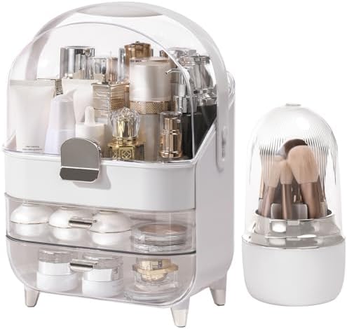 Makeup Organizer for Vanity with Brush Holder, Lid and 2 Drawers, Sliver