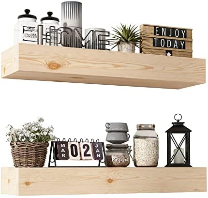 Wall Floating Shelves, Rustic Wood Shelf for Wall Mounted - Wooden Handmade Shelves for Bathroom Kitchen Livingroom - No Stain - DIY(Unfinished, 24 Inch - 2 Pack)