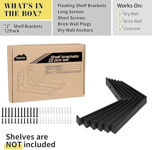 WEKIS Shelf Bracket, Heavy Duty Floating Shelf Brackets 10-Inch Long, 12-Pack Brackets for Shelves, Black Coated J Shape