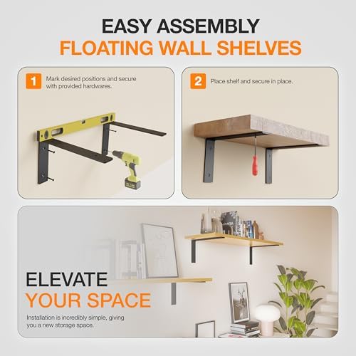 BATODA 8" Heavy Duty Shelf Brackets for Floating Shelves,Pack 6 Black Steel