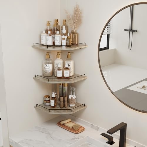 JJL Corner Shelf Wall Mounted, 12 Inches 3-Tier Floating Corner Shelf, Hexagon Rustic Wood Decor with Fence, Gray Wood G