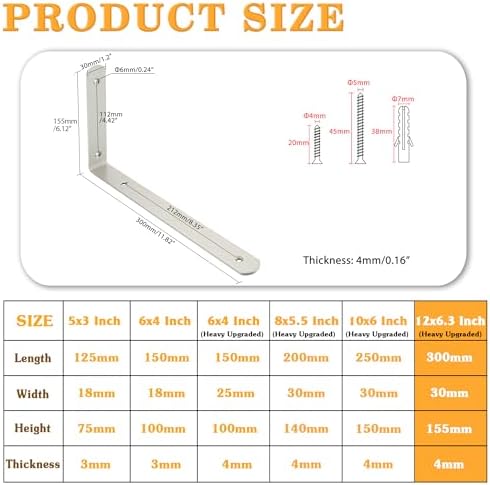 Alise Brushed Shelf Brackets,L Brackets for Shelves,12x6.3x1.2 Inch,4 Pcs