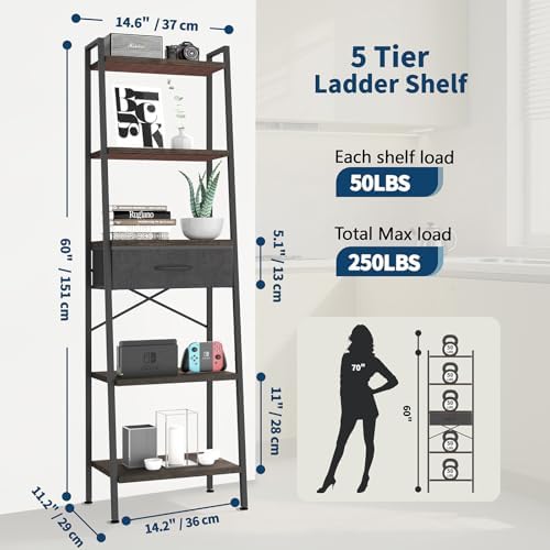 Whitmor 5-Tier Ladder Bookshelf with Drawer, Tall Narrow Bookcase with Wood Shelves & Metal Frame, Modern Display Storag