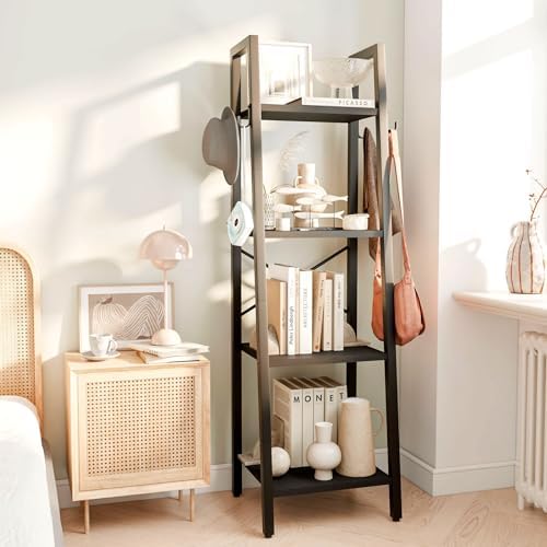 YMYNY 4 Tiers Ladder Bookcase, Industrial Narrow Bookshelf, Open Display Rack with 4 S Hooks, Metal Storage Shelves for 