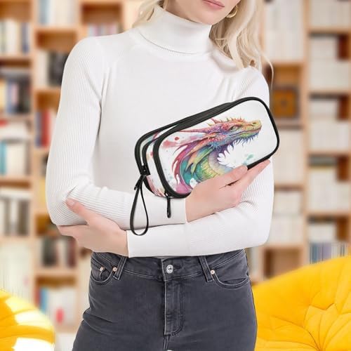 Watercolor Dragon Pencil Case Box Boys Girls Large Pencil Pouch with Zipper Compartments Big Capacity Stationery Pen Bag Organizer for Kids Teens Adults School Office