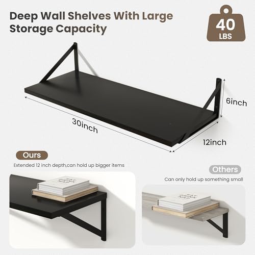 Marsmiles Deep Floating Shelves, 30'' x 12'' Black Wood Shelves Set of 2