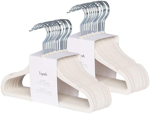 3 Sprouts Velvet Baby Hangers - Non-Slip Hanger for Infant, Toddler, Baby Clothes - Closet Kids Hangers with Slim Design, Nordic Colors, Pack of 30 - Cream