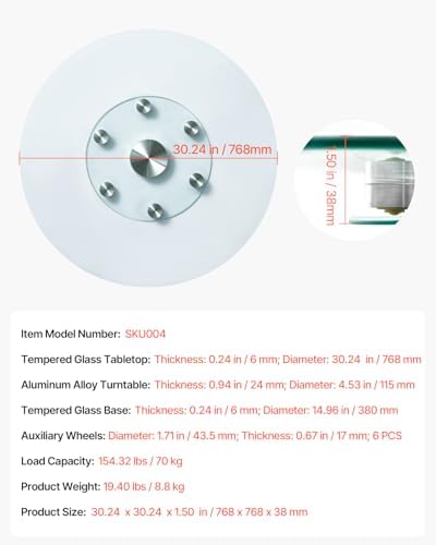 VEVOR 30 in Glass Lazy Susan Turntable, Tempered Glass Dining Table Centerpiece with 6 Rotating Wheels, 360° Smooth and 