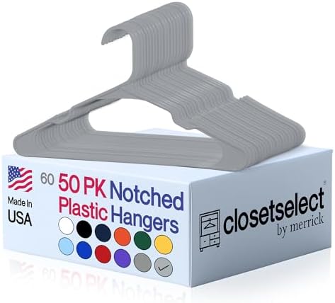 Closetselect Plastic Hangers 50 Pack - Space Saving Clothes Hangers, Made in USA, Durable & Strong Plastic Shirt & Coat Hanger with Notches & Shoulder Grooves, Non-Slip Clothing Hangers | Grey