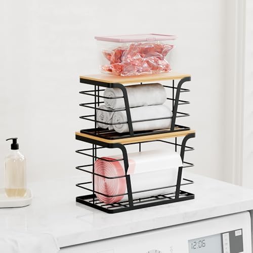 TIDIIABODE 2 Pack Stackable Storage Laundry Kitchen Organizers, Wall Mount Trash Bag Holder with Bamboo Top and Garbage 