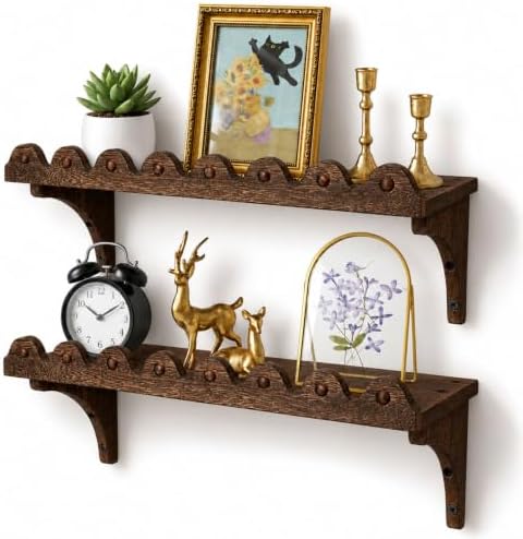 Scalloped Wood Wall Shelves, 17-Inch Wavy Rustic Floating Shelves, Set of 2