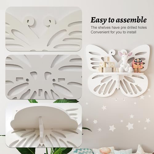 White Butterfly Shelves 2 Tier - Nursery Wall Deor Floating Shelf, Cute Wall Display Rack for Kid’s Room, Small Decorati