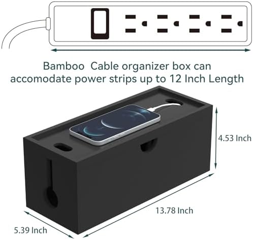Bamboo Cable Management Box, Large Cord Organizer Box Cable Box to Hide Wires & Power Strips for Desktop Storage Cord Ho