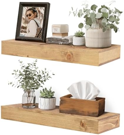 Floating Shelves, 17 Inch Wall Mounted Shelves, Set of 2, Oak