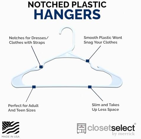 Closetselect Plastic Hangers 50 Pack, Strong Space Saving Notch Hanger, Made in USA, Perfect Shirt or Coat Plastic Hanger, with Shoulder Grooves, White, Notched