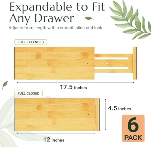 Bamboo Drawer Dividers 6 Pack with Non Slip Liner, Adjustable Expandable Drawer Organizer for Dresser, Kitchen, Bathroom, 4.5 Inch Tall Separators for Clothes, Fits 12 to 17.5 Inch Drawers