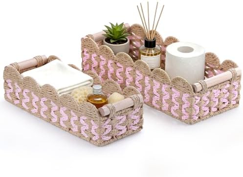 Set of 2 Paper Rope Scalloped Baskets with Wooden Handles