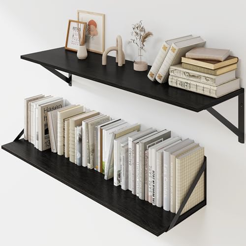 Heimlove Black Deep Floating Shelves for Wall, 32W x 8D Wood Wall Shelves Set of 2, Wide Floating Bookshelf for Living R