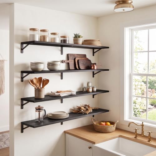 YGEOMER 47.2 in Floating Shelves for Wall Home Decor, Wood, Black, Set of 4