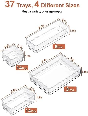 SMARTAKE 37 PCS Drawer Organizer 4 Size Desk Makeup Drawer Organizer Clear