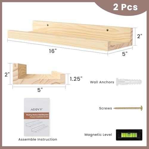 Floating Shelves for Wall, 16 inch Solid Wood Picture Ledge Shelf, Picture Shelf for Wall with Ledge, Floating Book Shelves for living room Bedroom Kitchen Nursery Decor, Natural Unfinished, Set of 2