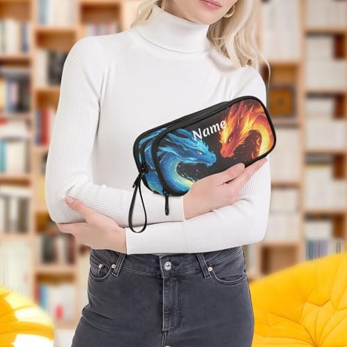 Custom Dragons Red Blue Fire Eyes Pencil Case Box Boys Girls Personalized Name Large Pencil Pouch Stationery Pen Bag Organizer for Kids Adults School Office