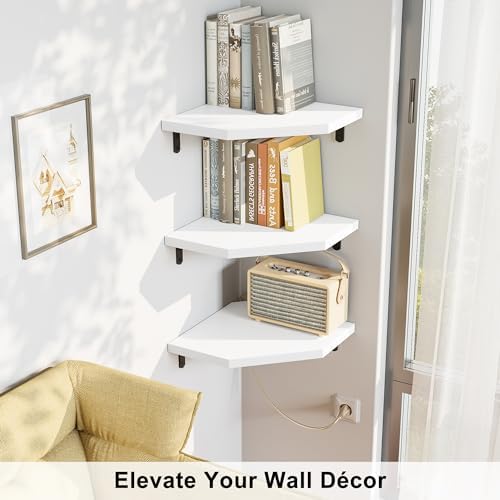 Alsonerbay Pine Wood Corner Shelves with Cable Cutout 3-Pack, White