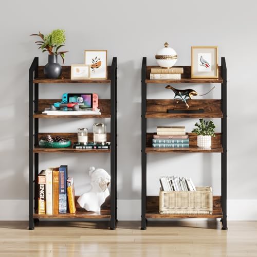 Hosfais Book Shelf Small Bookshelf: 4-Tier Wood Bookcase Industrial Bookshelf with Edge Protection Metal Narrow Bookcase