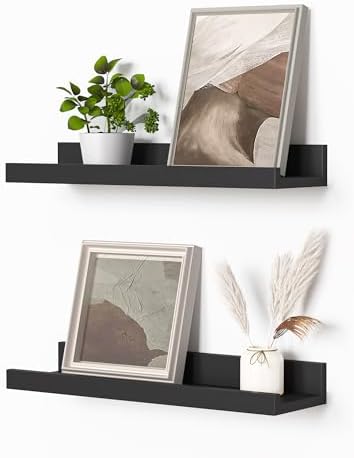 Heimlove Picture Ledge Shelf, Small Floating Shelves Set of 2, 16 Inches Picture Shelf for Wall with Ledge, Kids Bookshelf Wall Mounted for Living Room Bedroom Decor Books Photo Frames, Black
