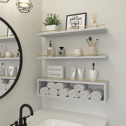 WOPITUES Floating Shelves for Wall 24 inch with Cube Shelf, Wall Shelves with Metal Rail for Decor, Bathroom Organizers 