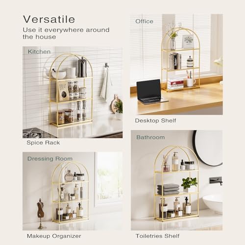 Crofy 3-Tier Arched Wall Shelf with Gold Frame & Transparent Shelves